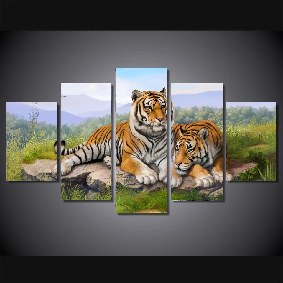Tigers Art Wide Spray Painting set of 5 For Office Room Decor Wall