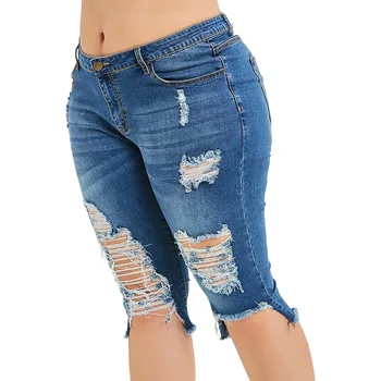 

Rosegal Fashion Plus Size 5XL Midi Waist Boyfriend Capris Jeans Mom Women Straight Ripped Distressed Denim Cropped Pants
