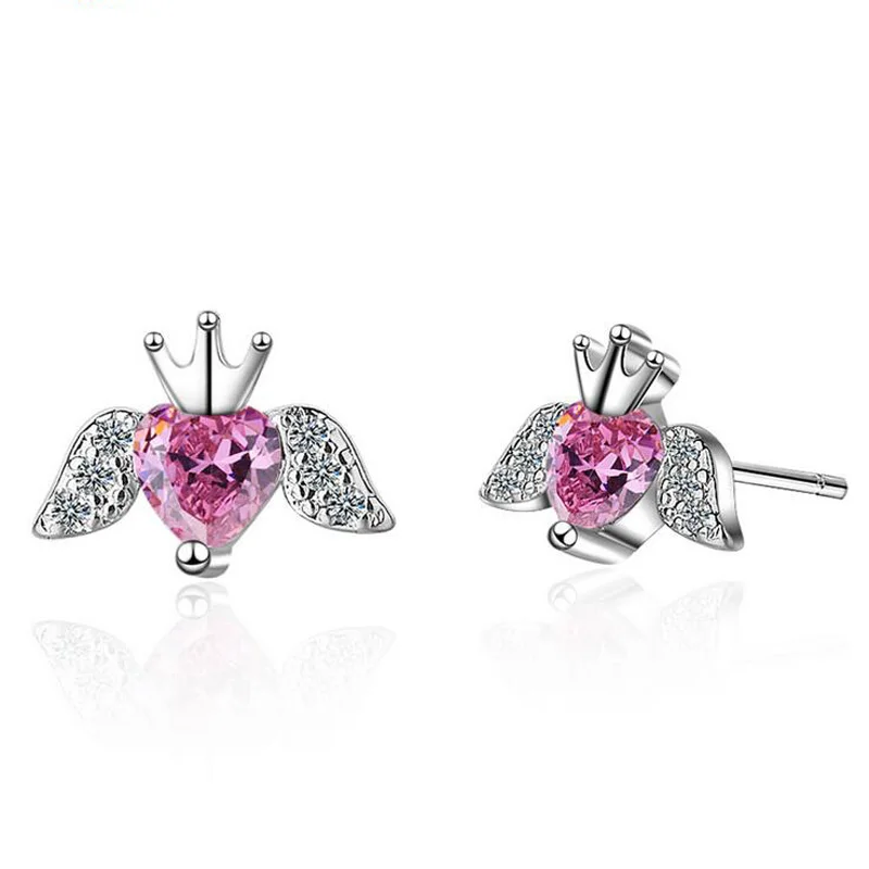 Silver color Модные серьги-гвоздики из стерлингового серебра 925 пробы с милой короной и крыльями ангела для девочек и женщин, ювелирные изделия с сердечками - Окраска металла: Silver color