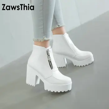 

ZawsThia 2020 winter white platform wedges chunky high heels woman shoes zipper front women ankle boots plus size dropshipping