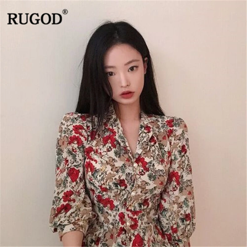 

RUGOD 2019 Spring Summer Women Floral Dress V-neck Three Quarter Sleeves Single-breasted Dress Vintage Temperament Vestidos