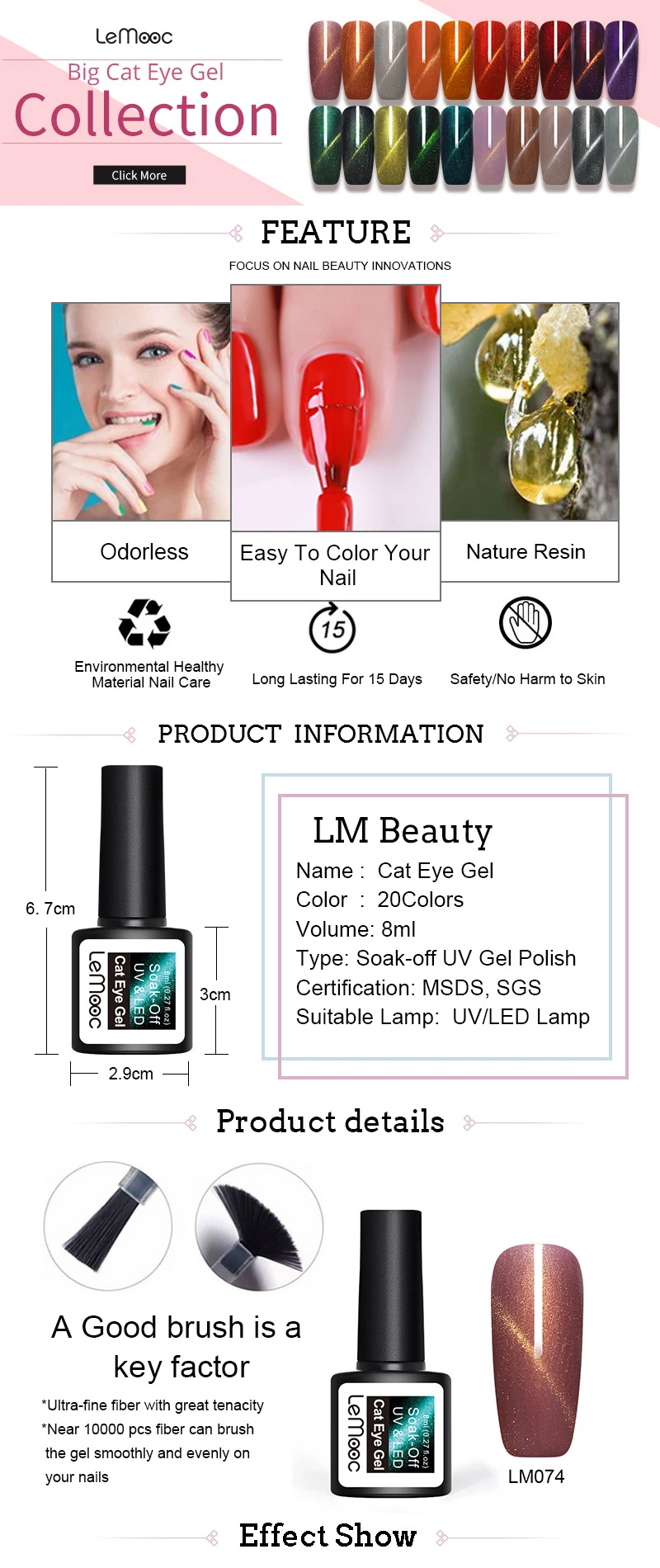 LEMOOC Cat Eye Effect Gel Chameleon Thermal Magnetic Gel Nail Polish Soak Off UV Laser Gel Varnish Black Base Top Coat