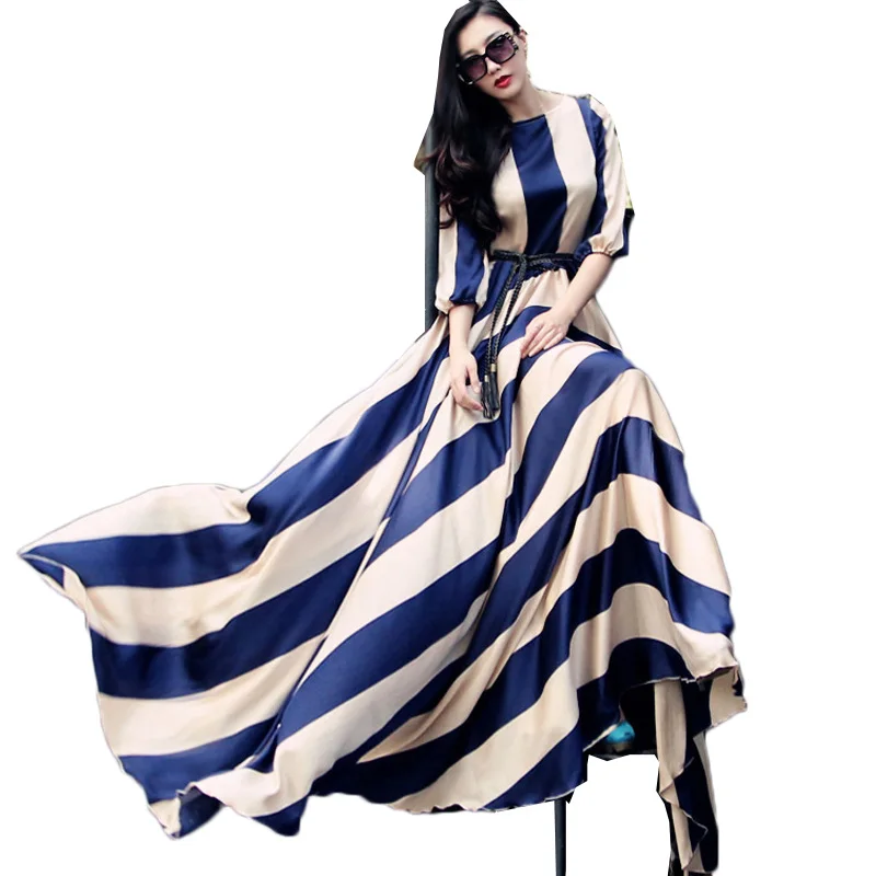 

2019 Fashion Bohemian Stripe Floor-Length Long Dress Muslim Female O-neck Three-Quarter Sleeve Dresses Women Vestido