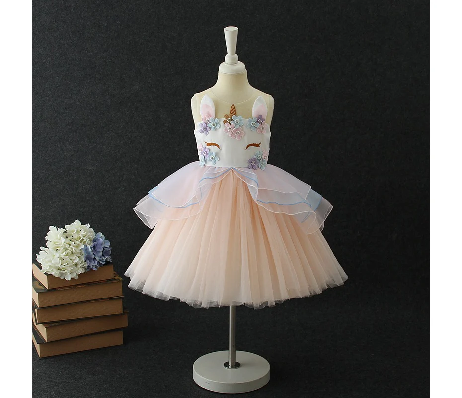 Летнее Детское платье принцессы с единорогом; детская одежда; юбка для девочек; свадебное платье