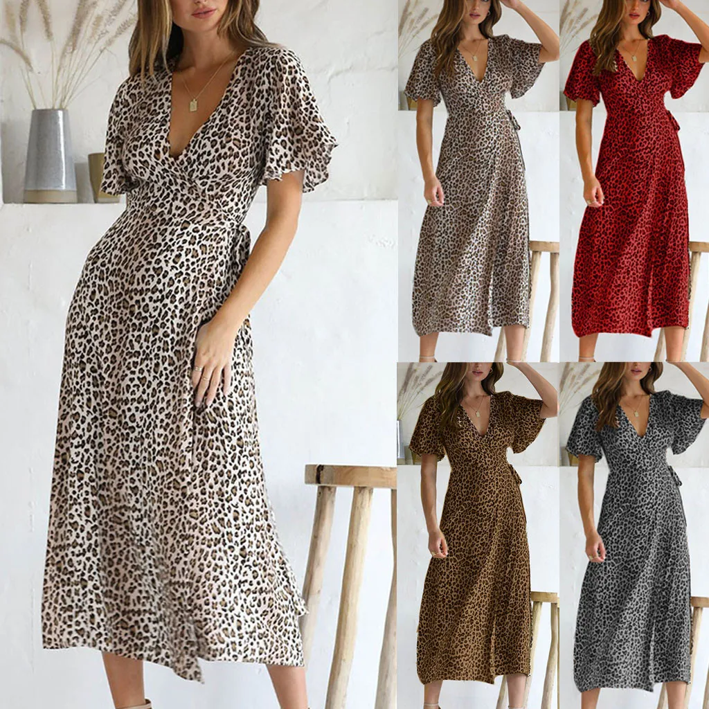 

Womens Dress 2019 Women Summer Deep V-neck Leopard Short Sleeve Long Maxi Party Beach Dress