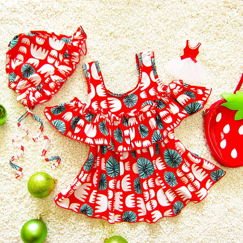 Фото Новинка Красное платье принцессы с принтом Купальный костюм для девочек Один