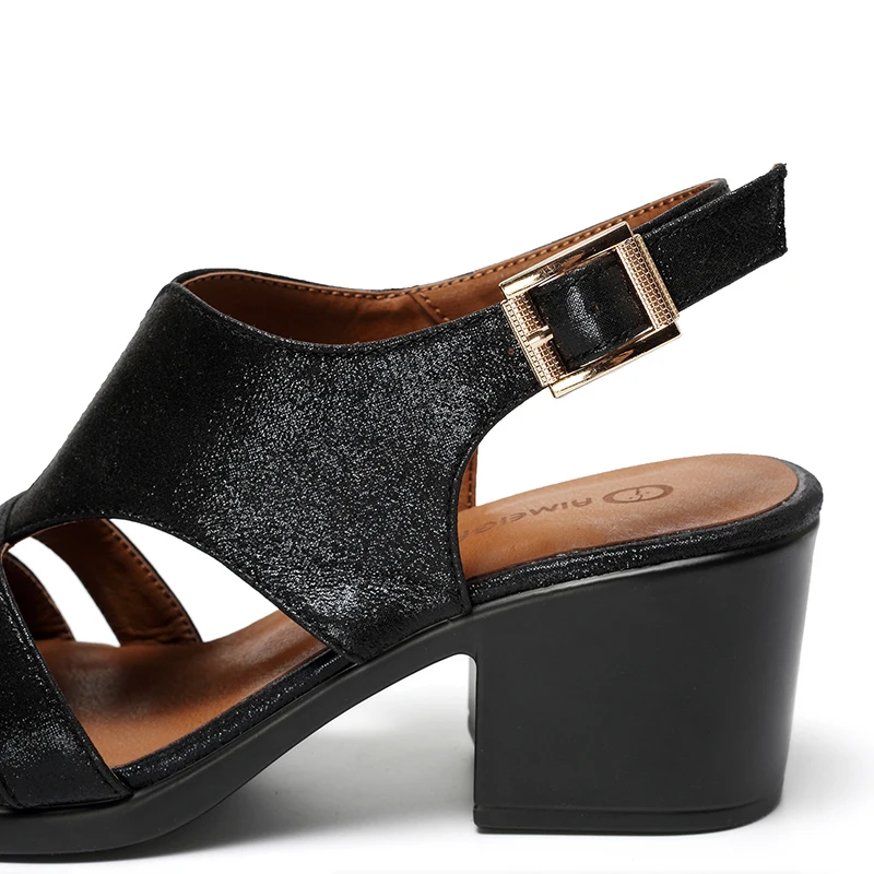 AIMEIGAO High Quality Peep Toe Sandals Women Square Med Heels Sandals Summer Shoes Soft Leather Comfortable Women Shoes