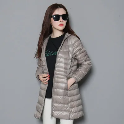 Новинка, зимняя приталенная Женская куртка на белом утином пуху, большой размер, S-7XL пуховик, Дамское длинное пуховое пальто средней длины, пальто с капюшоном, женские куртки 549 - Цвет: Серый