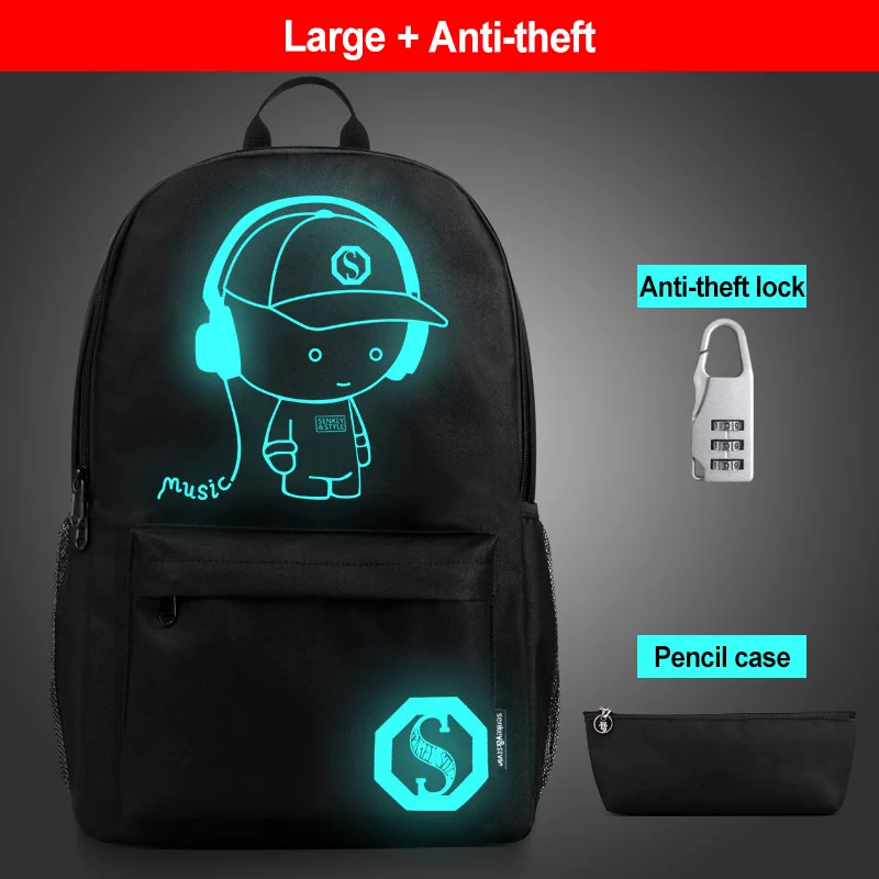 4pcs Backpack Child School Bags For Teenage Girl Boys Anti-theft School Backpack Anime Luminous Schoolbag With USB Charging Port - Цвет: 3pcsBlack Music -L