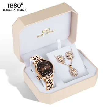 IBSO Brand Creative Quartz Women Watch Necklace Earring Combination Set Wristwatches Metal Strap Ladies Watches for Gift
