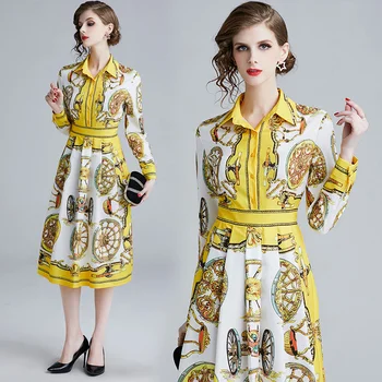 

England Style Spring New Print Large Swing Slim Long-sleeved Dress Fashion Temperament High-end Luxury Party Dress Women