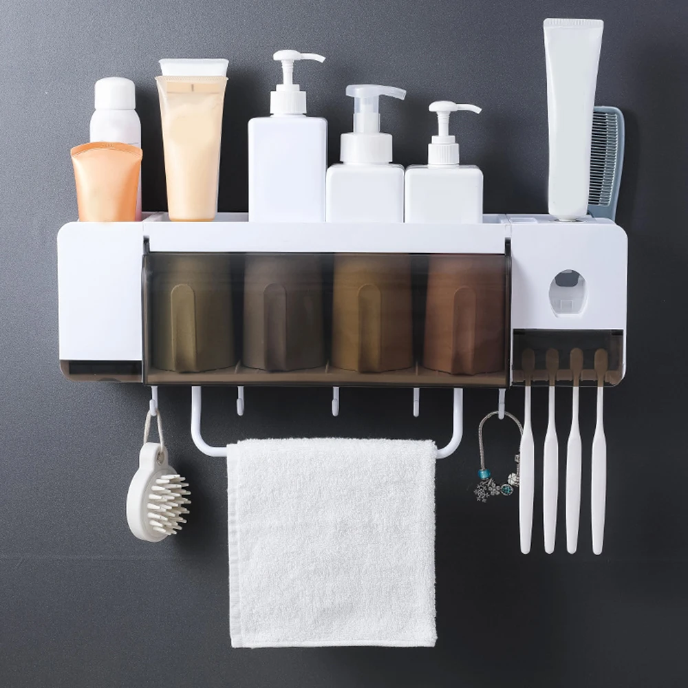 

Toothbrush Holder Wall Mounted Multifunctional Bathroom Set toothpaste Squeezer Dispenser Bathroom Storage Shelves Box Case Rack