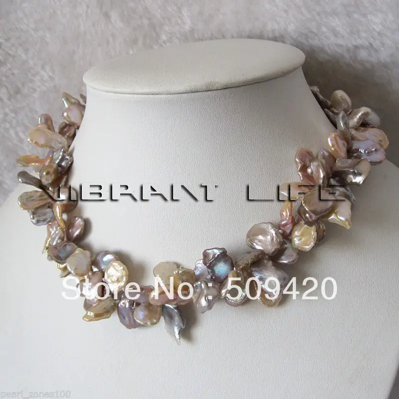 

~~ Free Shipping18" 2Row 9-15mm Peach Pink Lavender Reborn Keshi Pearl Necklace Natural Color