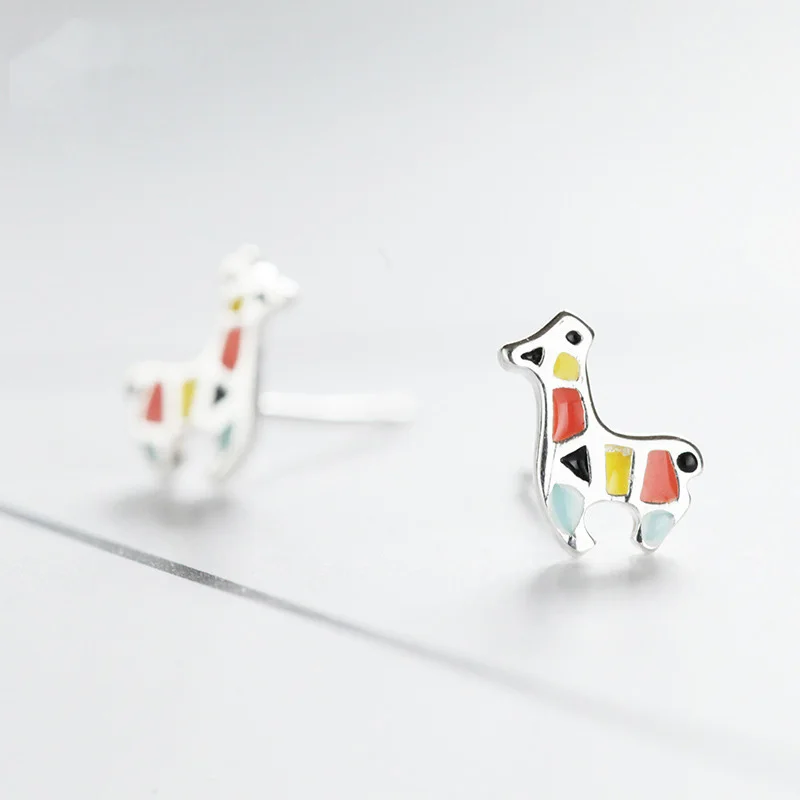 

925 Sterling Silver Cute Colorful Mini Horse Colt Foal Stud Earrings For Women Interesting Alpaca Personalized Zodiac Jewelry