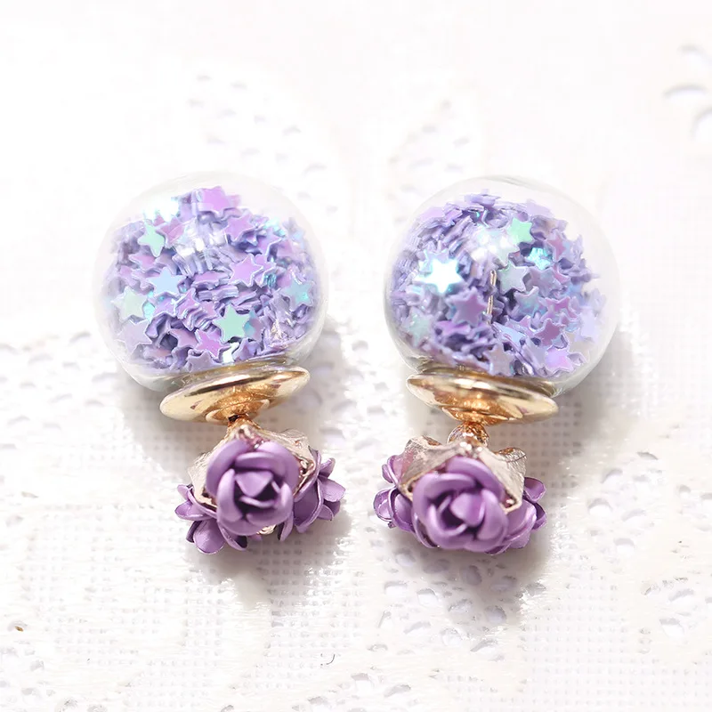 

Fashion Korea Rose Flower Wishing Star Pearl Earrings Glass Crystal Ball Double Sided in Stud Earrings For Women Fine Jewelry