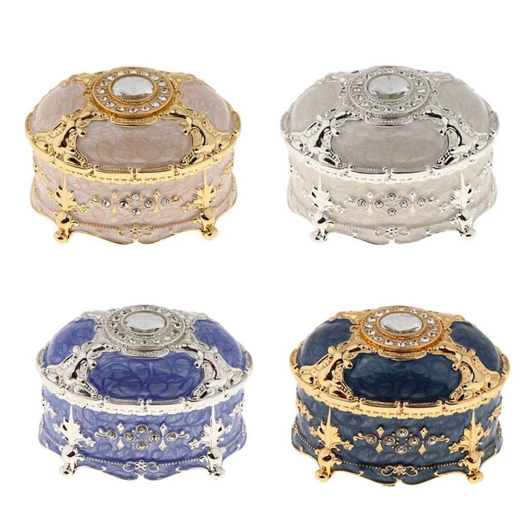 Crystal Enamel Oval Metal Vintage Jewelry Box Gift Earrings Ring Storage Box