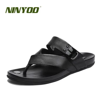 

NINYOO New Summer Shoes Flip Flops Men Genuine Leather Casual Slippers Antislip Flats Black Beach Sandals Shoes Plus Size 48 49