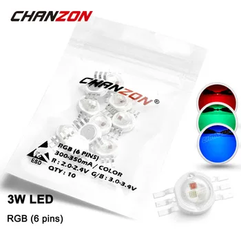 10 Pieces 3W LED Light Bulb Lamp RGB 6 pins 300mA-350mA High Power 3 W Watt Red Green Blue Epileds Chip 3Watt Colorful COB Beads