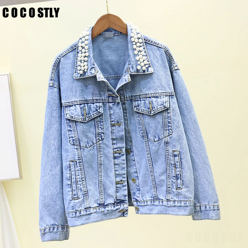 

Denim Jacket Pearls Beading Design Women 2019 Autumn Long Sleeve Pockets Jean Jackets Women Loose Outwear Female