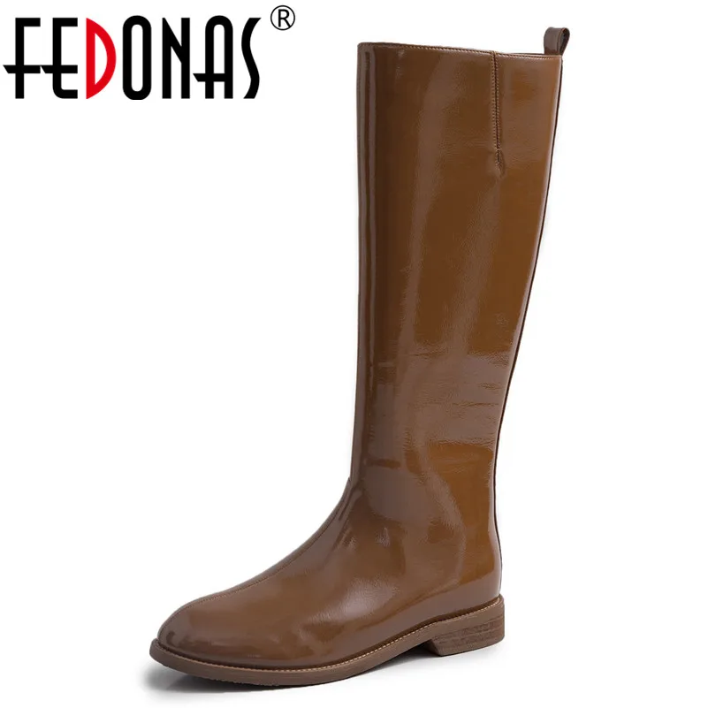

FEDONAS Fashion Motorcycle Boots 2020 Women Autumn Winter Knee High Boots Side Zipper Party Shoes Woman New Patent Leather Boots