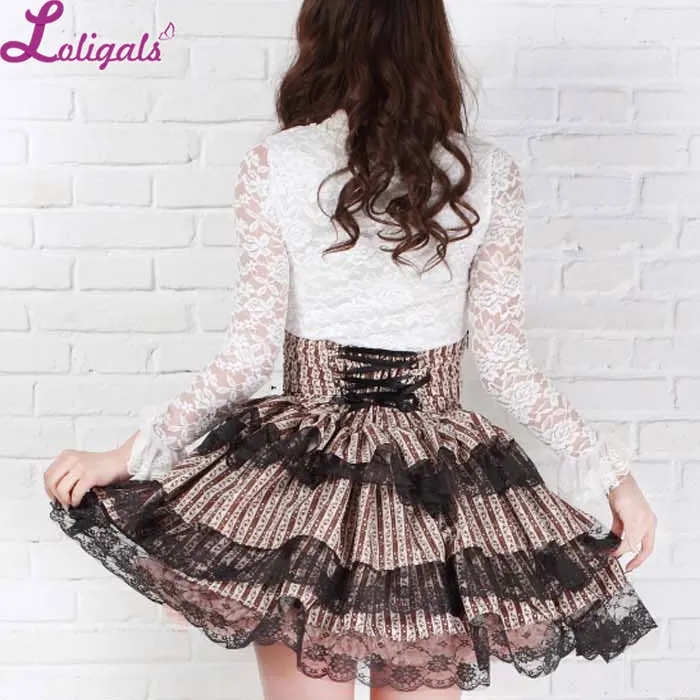 Милая многослойная короткая плиссированная юбка в стиле «лолита» в полоску для принцессы с кружевом на спине