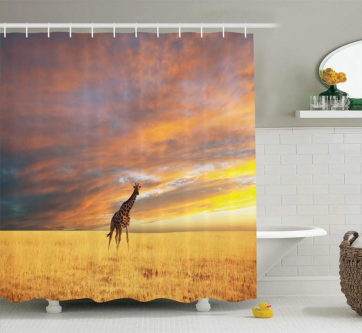 Shower Curtain Safari Decor Giraffe in Savannah Colorful Cloudy Sky at
