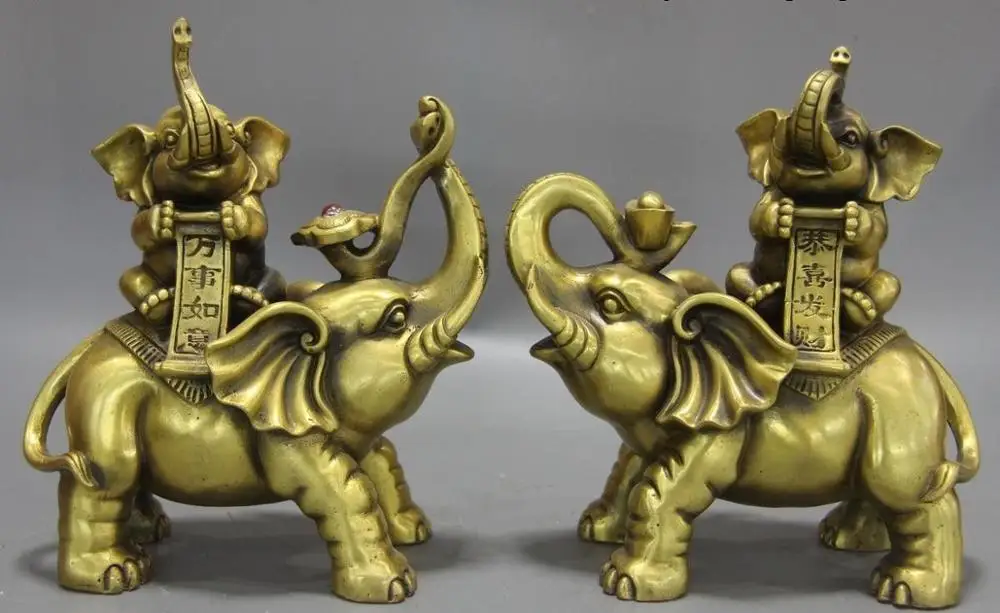 

9 Chinese Folk Brass Copper Fengshui Lucky Wealth Yuanbao Ruyi Elephant Statue