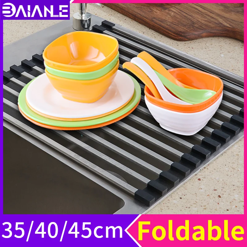 

Stainless Steel Kitchen Dish Rack Drying Tray Foldable Over Sink Fruit Vegetable Drainer Bowl Storage Holder Rack Organizer