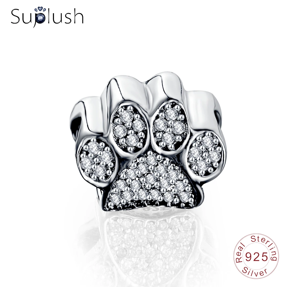 Suplush 925 Sterling Silver Clear Cubic Zirconia Paw Prints Animal Charm Fit Original Pandora Bracelet Jewelry PSMB0521 | Украшения и