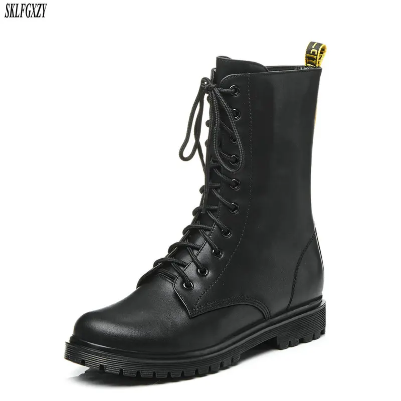 

SKLFCXZY New fashion 100% leather girl boots lace-up retro horse boots street women boots high quality leather women shoes