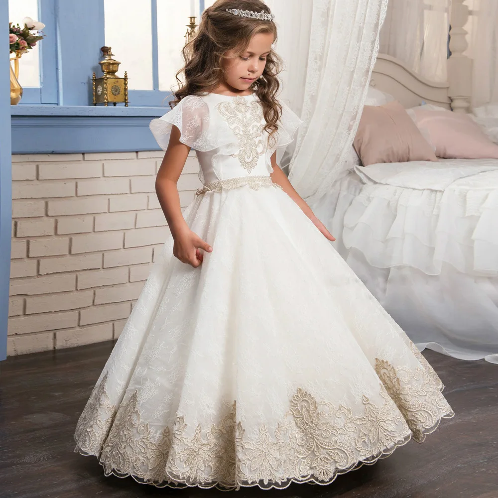 

Girl Royal Princess Dress Appliques Flower Children Girl Customized Dress Wedding Birthday Party Wear Lace Net Yarn Costume