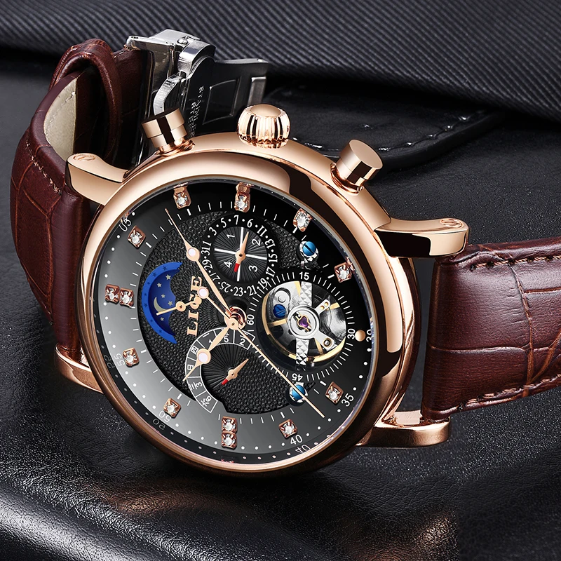 LIGE Брендовые мужские часы автоматические механические Tourbillon спортивные кожаные