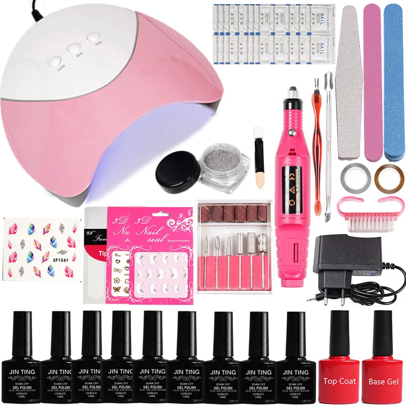 

Manicure Machine drill Nail Set 36w Uv Led Nail Lamp with 9pcs Polish Gel Soak Off Base gel&Top Coat Manicure for Nail Art Tools