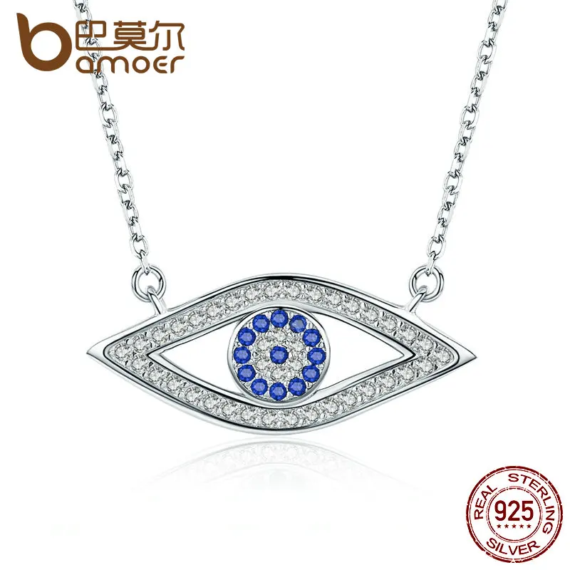 BAMOER 100 Authentic 925 Sterling Silver Lucky Blue Eyes Punk Pendant Necklaces For Women Collares Fine