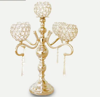 

New style wedding table gold glass centerpieces with hanging crystals for event decor