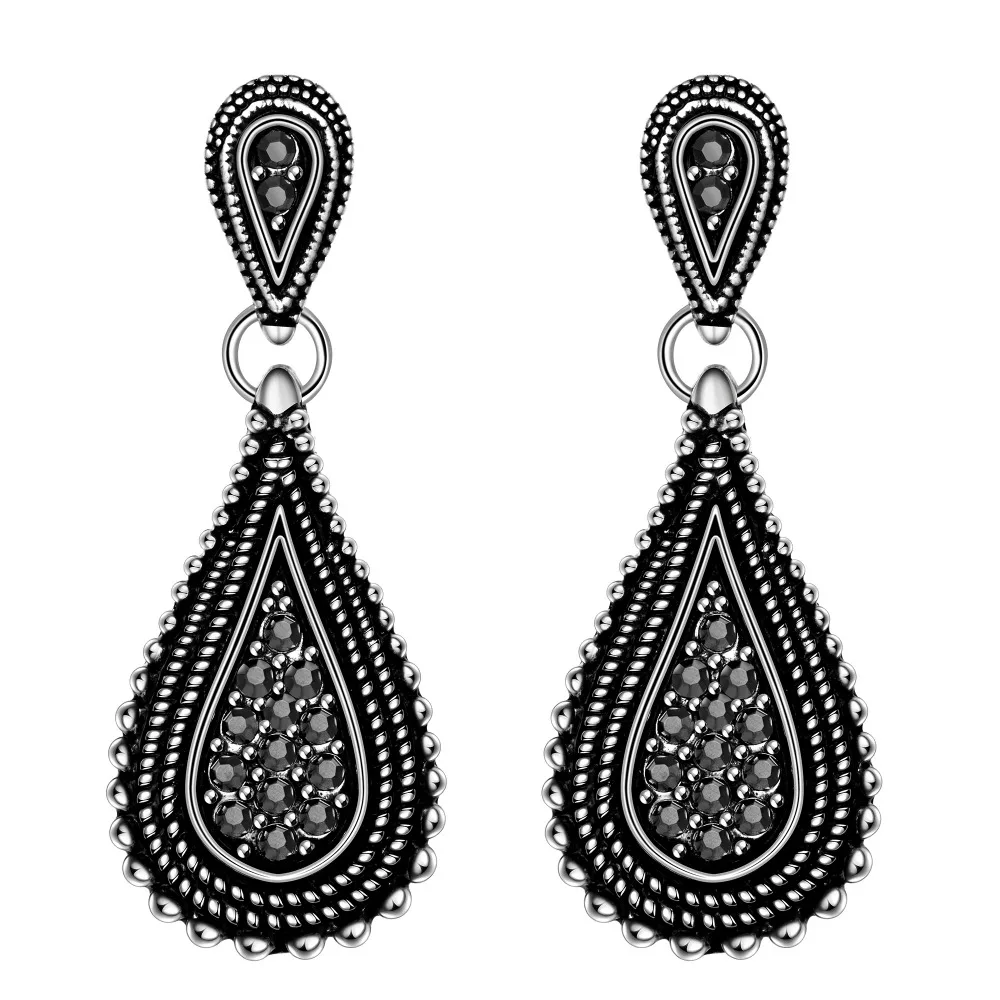 

2016 new 925 Tibetan silver cool solid drop water pendant earring drop Black crystal stone Vintage for women wedding FSE012