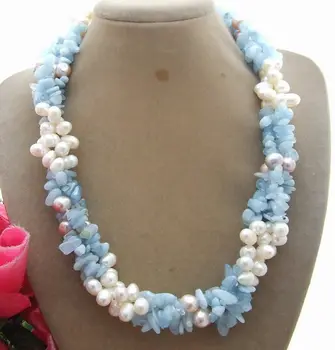 

Handmade beautiful blue stone ande white freshwater cultured pearl necklace long 48cm