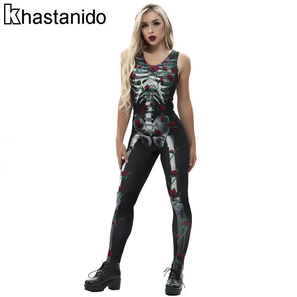 

Sexy Jumpsuits For Women Digital Print Sleeveless O-Neck Full Length Rompers Casual Fitness Bodycon Overalls Halloween Clothes