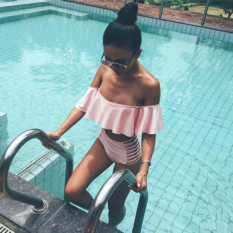 

2017 Women Strapless Bikini Reversible Neon Color Swimsuit High Waist Cross Straps Biquini Sexy Hollow Out Swimwear Tankini