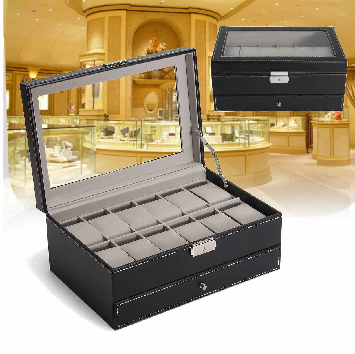 

2 in 1 12 Grid PU Leather Watch Box Case Professional Holder Organizer for Clock Watches Jewelry Boxes Case Display best gift