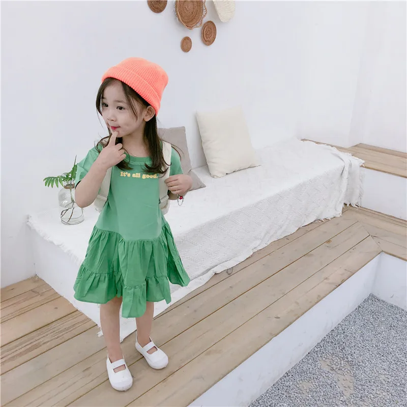

2019 Summer New Arrival korean style cotton letters printed short sleeve all-match princess dress for cute sweet baby girls