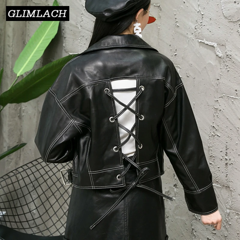 

Women Lace Up Genuine Sheep Leather Jacket Motorcycle Real Lambskin Leather Coats Zippers Ladies Punk Short Leather Outerwear