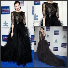 Современные Черные трапециевидные тюлевые платья знаменитостей, обычное платье с коротким рукавом со звездами, вечерние платья знаменитостей в пол