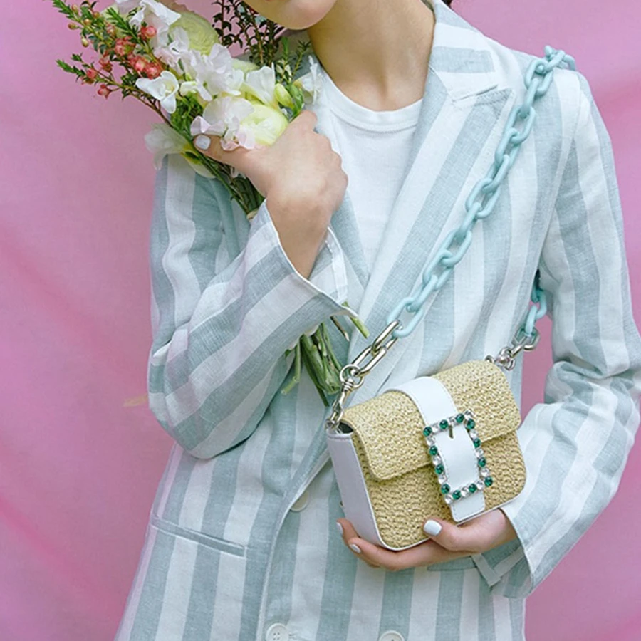 

Fashion Diamond Women Straw Bag Female Bohemian Bali Rattan Beach Shoulder Bags Women Handmade Acrylic Chains Crossbody Bags New