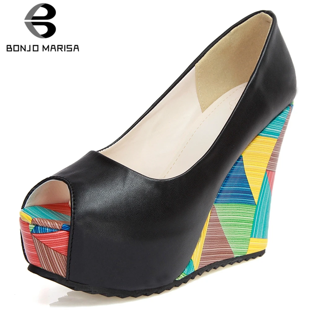 

BONJOMARISA New Sexy Shallow Platform Pumps Women 2019 Autumn Colorful Women Wedges Shoes Woman High Heels