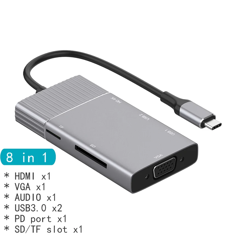 8in1 HDMI VGA MODE Док-станция с разъемом типа C HDMI VGA USB power Delivery Hub для ноутбука Macbook Pro hp DELL Surface lenovo samsung Dock - Цвет: 8in1 HDMI VGA MODE