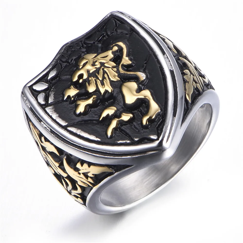 Mens Stainless Steel Ring, Vintage, Biker, Gold, Black, Lion KR0605in