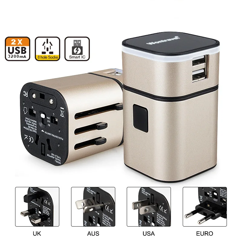 

Universal International Plug Adapter with 2 USB Port World Travel AC Power Charger Adaptor with AU US UK EU Plug All in One