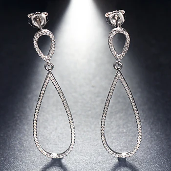

Fine Jewelry 100% 925 Sterling Silver Elegant Charm Long Earrings Water Drop Crystal Dangle Wedding Earrings