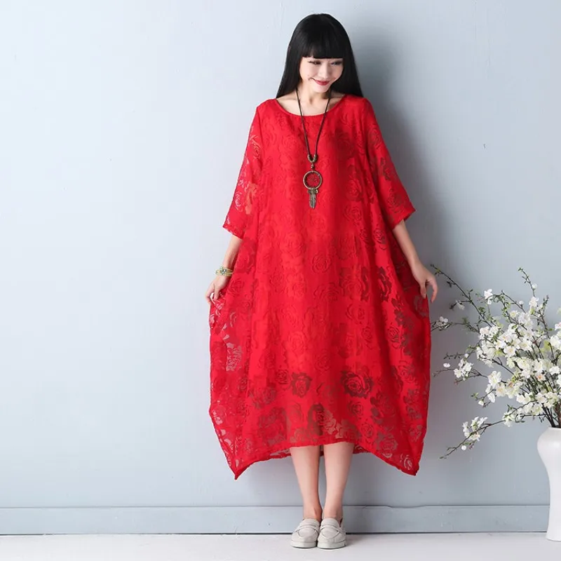 

New Arrive Summer's Female Rose Lace Long Dress Three Quarter Sleeve Plus Size Loose Lace Dress Women Dressl